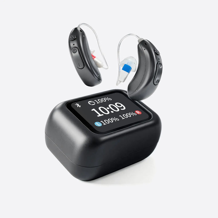 AuyeeSnc OmniTouch hearing-assistance devices and touchscreen charging case; official brand image