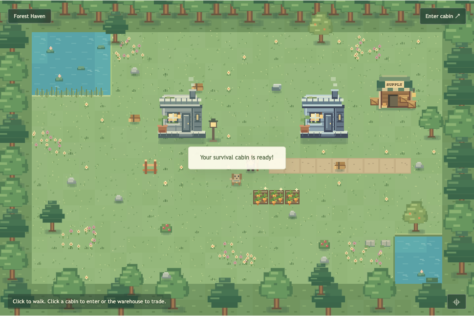 The existing Afterlight Haven game cover, showing cabins, crops and the supply warehouse in the forest.