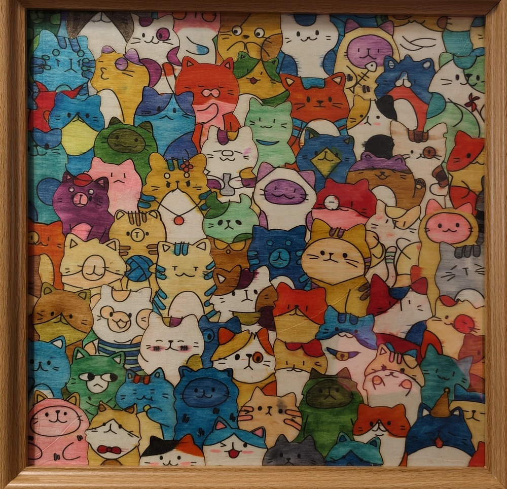 猫咪拼图与涂色 / Cat Puzzle & Coloring — Cats in many colors and with all kinds of expressions crowd together in a lively group portrait. A wooden frame holds the finished puzzle, with the coloring strokes still visible.