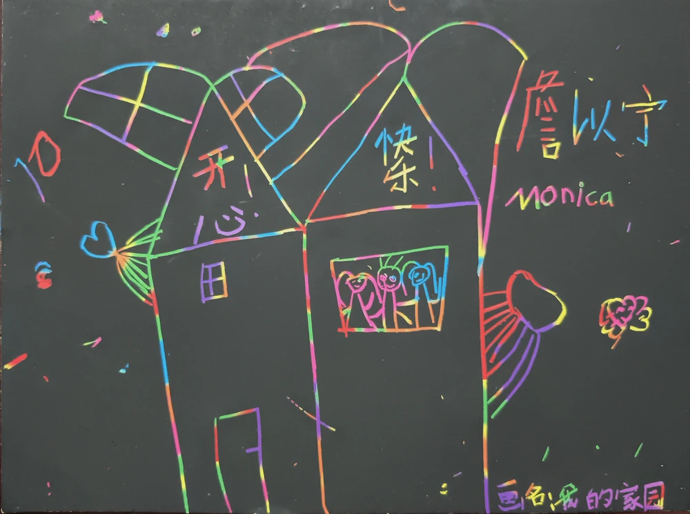 彩虹线条围成一座大房子，窗里有三个小人，旁边写着开心、快乐和 Monica。