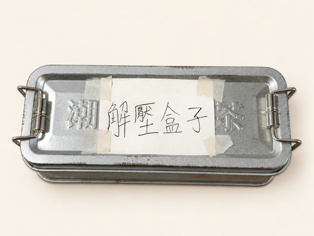 把小小的材料和纸片装进铁盒，再在盒盖上贴上手写的「解壓盒子」。打开和合上，是这件作品的两个样子。