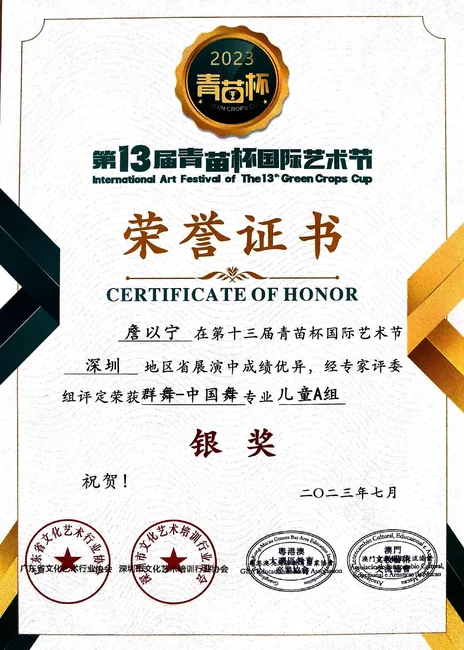 青苗杯 · 中国舞 / 银奖的获奖证书